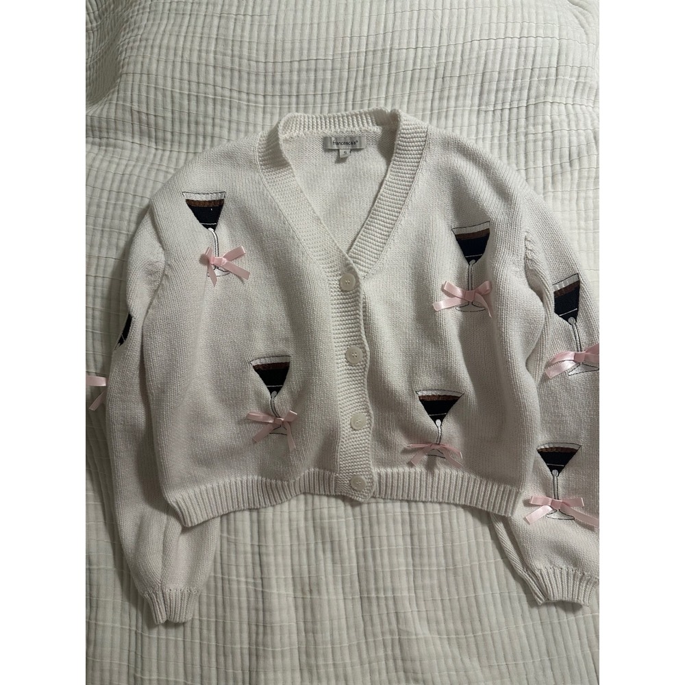 Francesca's White Pink Espresso Martini Bow Cropped Knit Cardigan Sweater Small